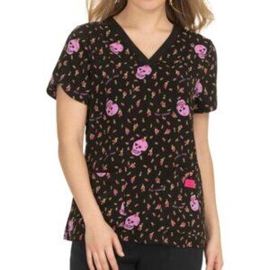 Betsey Johnson Scrub Top Women's Size 2X Rosebud Skull Hearts Black Pink